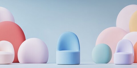 Fototapeta premium Colorful chairs and spherical shapes create a pastel landscape