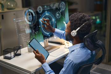 Focused Programmer Utilizing Advanced Holographic Technology For Innovative Cybersecurity Development And Analysis