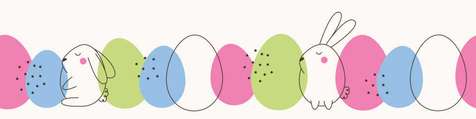 Easter seamless pattern for banner, poster, card and textiles. Vector design in abstract style with eggs and cute bunnies. Easter horizontal banner.