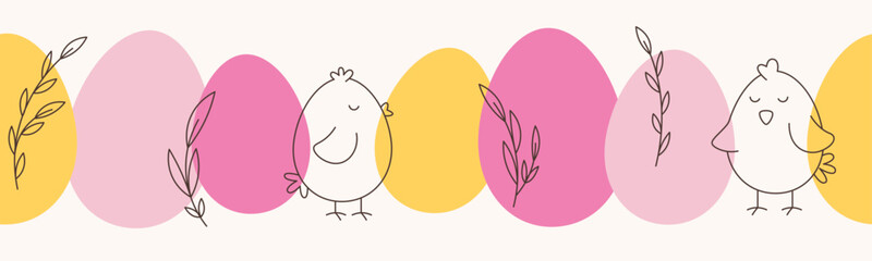 Happy Easter modern and colorful seamless pattern. Vector design with Easter eggs, chicken, leaves for banner, card or flyer.