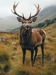 Deer with large antlers and coat, standing on grassy field