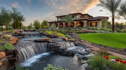 Stunning estate landscaping cascading waterfalls expansive lawns and vibrant flower beds surrounded by natural beauty 