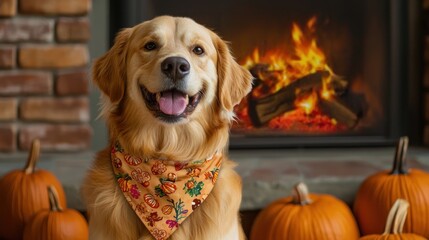 A cute white Jack Russell Terrier puppy, a happy pet breed, sits with a pumpkin