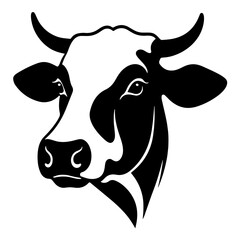 Head of a cow with visible horns, ears, and characteristic spots on the face, symbolizing milk, dairy products, and the rural farming lifestyle.

