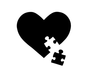 Black heart with a puzzle piece cut out from the center, symbolizing a missing piece in love or life, with a puzzle piece next to the heart that fits into the cut-out section.


