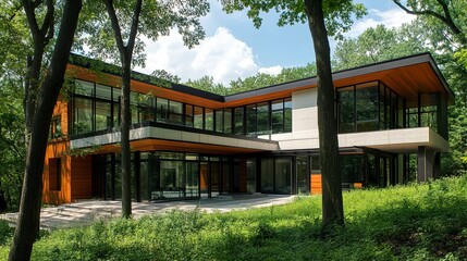 Fototapeta premium Stunning L-shaped modern home bold lines minimalist materials expansive views blending contemporary design and nature. 