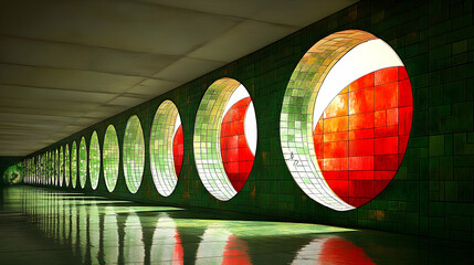 A corridor with tiled walls and arched windows reflecting light A rhythmic series of openings leads into the distance