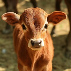 Adorable Brown Calf Portrait Close Up Farm Animal