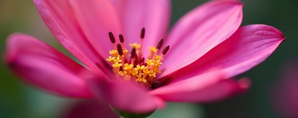 Fototapeta premium Beautiful close-up of a vibrant pink flower in full bloom, showing intricate details of its petals and pollen grains, flora, blooming