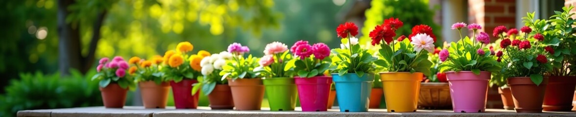 Fototapeta premium A variety of vibrant flowers in colorful pots placed on a sunny outdoor patio, vibrant, plant