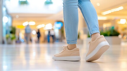 A person walks in stylish sneakers through a bright, modern shopping mall, showcasing casual fashion and a relaxed atmosphere.