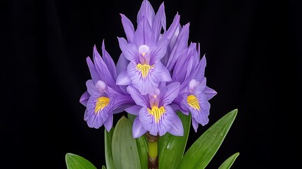 Close-up of vibrant purple flowers with yellow centers against a black background.