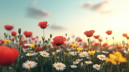 Fototapeta premium Vibrant Field of Colorful Wildflowers Under Clear Blue Sky at Sunset with Soft Clouds