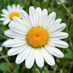 Fototapeta premium In the summer garden, daisies bloom brightly. Having opened their white petals, they turn towards the sun. They grow in small bushes of several plants.