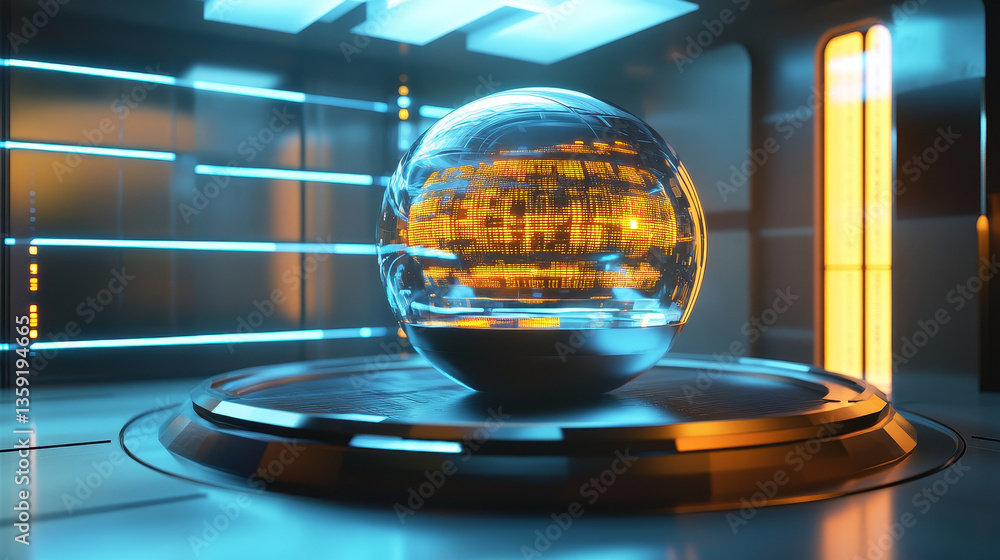 Poster technologies of the future. information funnel. global network. polygonal light grid. 3d portal illu