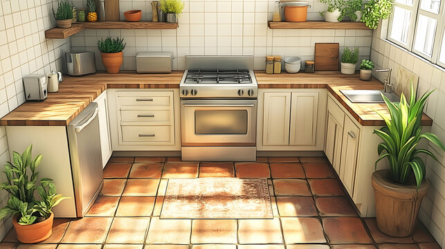 A cozy kitchen boasts warm natural light terracotta floors plants and a mix of wood white cabinets and stainless ste