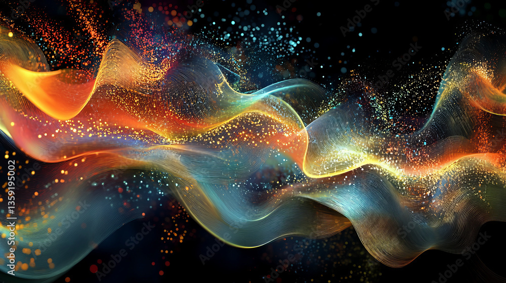 Poster big data cyber stream 3d illustration. rhythmic waves of electrical impulses in a neural network. so
