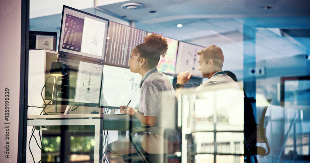 Poster People, control room and monitor satellite with data to track spacecraft with back. Rocket system, engineer and launch team on computer screen with ai code, maps or explore space for innovation