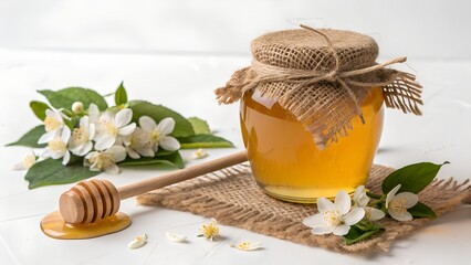Tasty natural honey, glass jar, dipper and green leaves on white background, top view