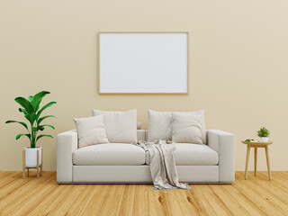 Cozy Living Room with Sofa, Blankets, Plants, and a Frame