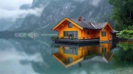 Fototapeta premium A small wooden cabin by the lake, reflecting in the calm waters. HD 8K wallpaper Photographic Image