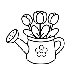 Watering can with a flower on the side, from which three tulips are growing, leaves, nurturing, growth, care in gardening, relationship between nature, human attention to plants.