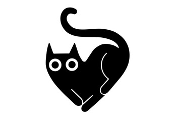 Black silhouette of a cat sitting curled in the shape of a heart, with large round eyes and a long, curved tail rising upwards