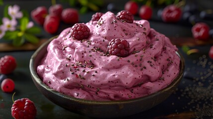 A smoothie bowl topped with fresh berries and chia seeds.  HD 8K wallpaper Photographic Image