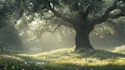 Fototapeta premium Sun-dappled glade with an oak tree of grandeur branches extended wide timeless beauty lush natural setting. 
