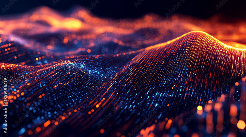 Poster data lines, wireless data loops, cyber stripes 3d illustration. big data stream. wavy plane with dig