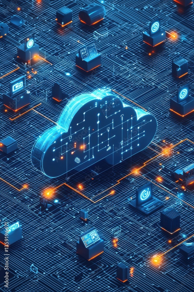 Poster cloud computing concept with interconnected icons and technology symbols