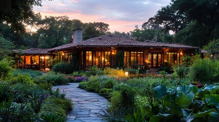 Fototapeta premium Sunset glow envelops a charming visitor center lush floral surroundings and greenery create a serene garden retreat. 