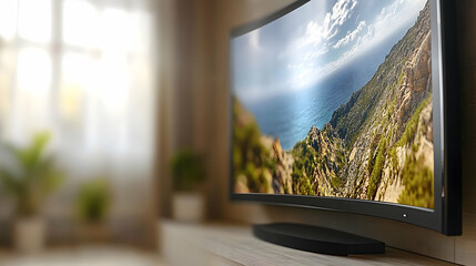 Fototapeta premium A curved screen display shows a scenic view of mountains and the ocean on a stand with a bright background creating a