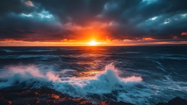 A breathtaking sunset over a vast ocean, with waves crashing against the rocky shore - Powered by Adobe