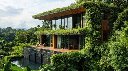 Sustainable architecture green facades natural materials energy-efficient technology surrounded by lush greenery 