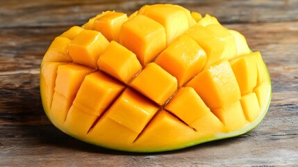 Juicy Mango Cubes on Wooden Background, Delicious Tropical Fruit