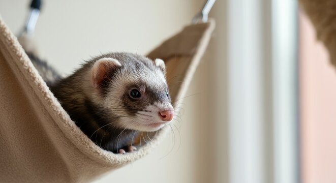 Cute ferret lounging in hammock, close-up shot