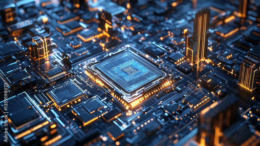 Poster cyber architecture 3d illustration. nano, neuro technologies, internet structures. microchip, circui
