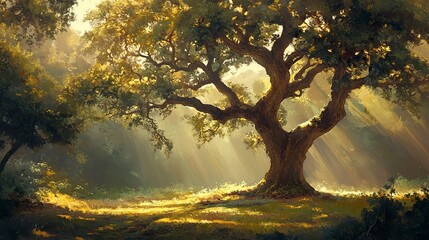 Fototapeta premium Tall oak tree in a sunlit forest clearing golden light filters through its branches serene and majestic presence. 