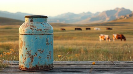 Obraz premium Rustic Milk Can in a Serene Mountain Pasture