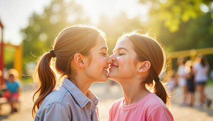 Endearing friendship kiss between girls on playground, joyful connection