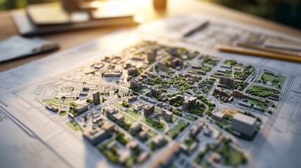 Town planning blueprint spread out on desk sustainable design principles balanced eco-friendly urban growth strategies. 