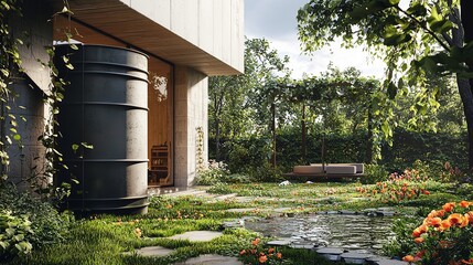 Naklejka premium A rainwater barrel collector connected to the gutter system