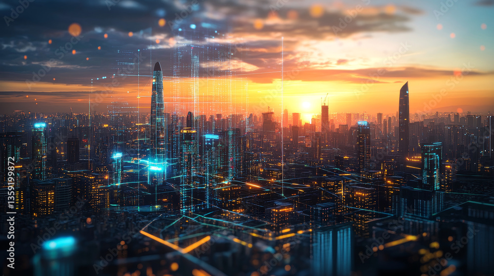Poster futuristic world. digital technology in global cyberspace. blockchain network and artificial intelli