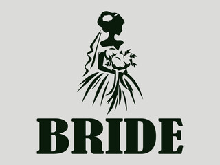 Elegant bride silhouette in a flowing wedding dress with a delicate veil and floral headpiece, elegant bride illustration with floral headpiece and flowing veil in a soft, romantic style, logo vector