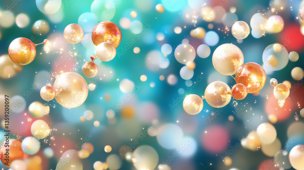 Poster colorful bokeh with floating spheres and sparkles