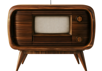 Vintage brown wooden television set with analog knobs and screen.