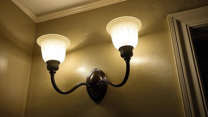 Two glass lamps offer inviting illumination on the wall, creating a relaxing ambiance in the space after sunset