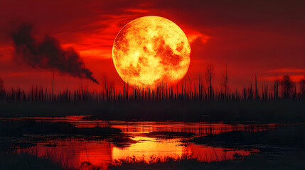 Majestic sunset over a tranquil marshland with a glowing red moon and silhouetted trees