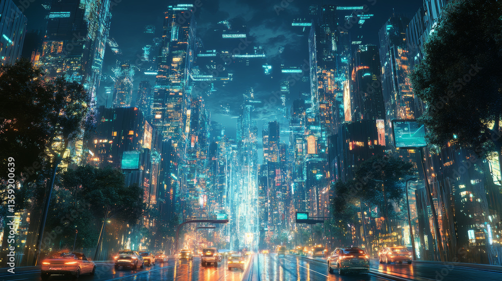 Poster digital city and bigdata. cybercity 3d illustration. wireless internet technologies. database protec